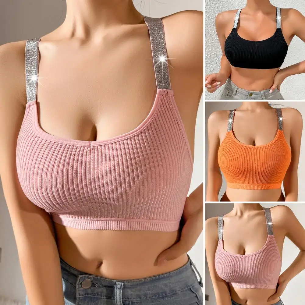 Lightweight Molded Cup Bra Contoured Cup Bra Glitter Sparkly Straps Ribbed Sports Bra for Women Racerback Crop Top for Active - Image 3