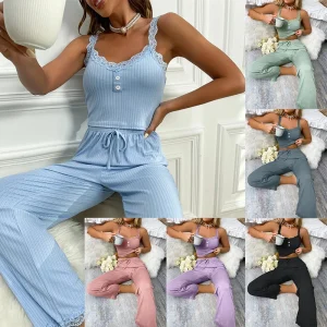 Women Pajamas Suit Sleepwear Nightwear 2 Piece Sets Camisole Pants Suspender Top Trousers Sexy Sleeveless Lace Outfits Summer