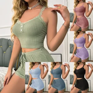 Sleepwear Suit Women Pajamas 2 Piece Sets Camisole Shorts Loungewear Lace Sling Top Short Pants Sleeveless Summer Outfits